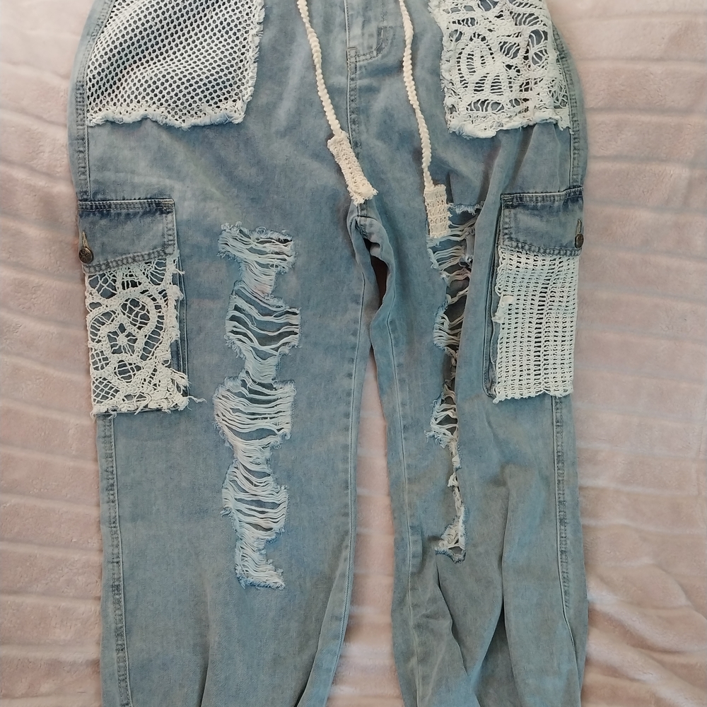 POL Light Blue Boyfriend Jeans with Crochet Details